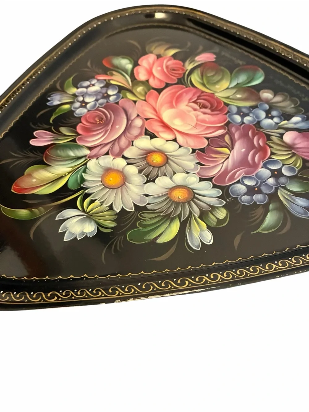 Vintage 1993 Signed Zhostovo Russian Hand Painted Floral Metal Triangular Tray